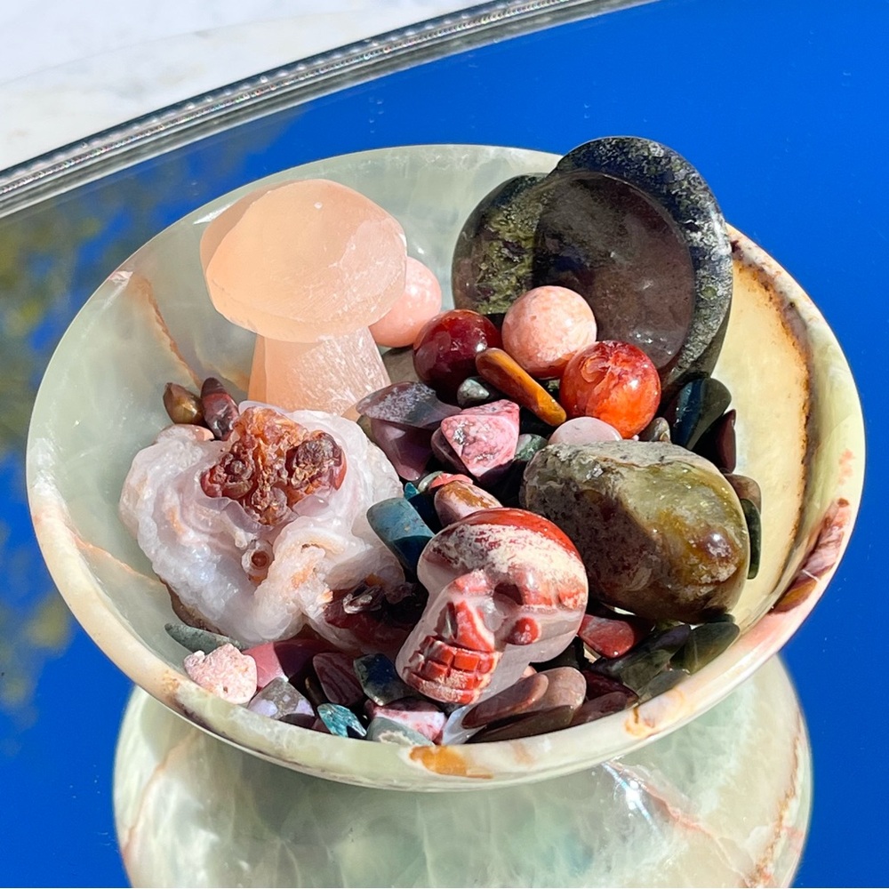 Brecciated Jasper Skull, Selenite Mushroom, Dragon Blood Heart, Raw Fire Agate